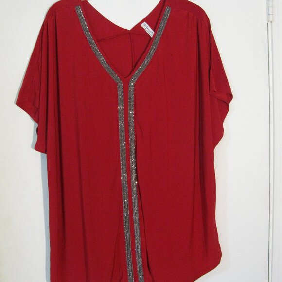 ** Perseptions Women Red Blouse Plus Size 3X Bling Sequins Stones Trim Silky - Picture 1 of 4
